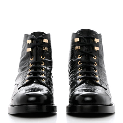 Chanel Crumpled Lambskin Shiny Calfskin Combat Boots 38.5 Black 2 of 8