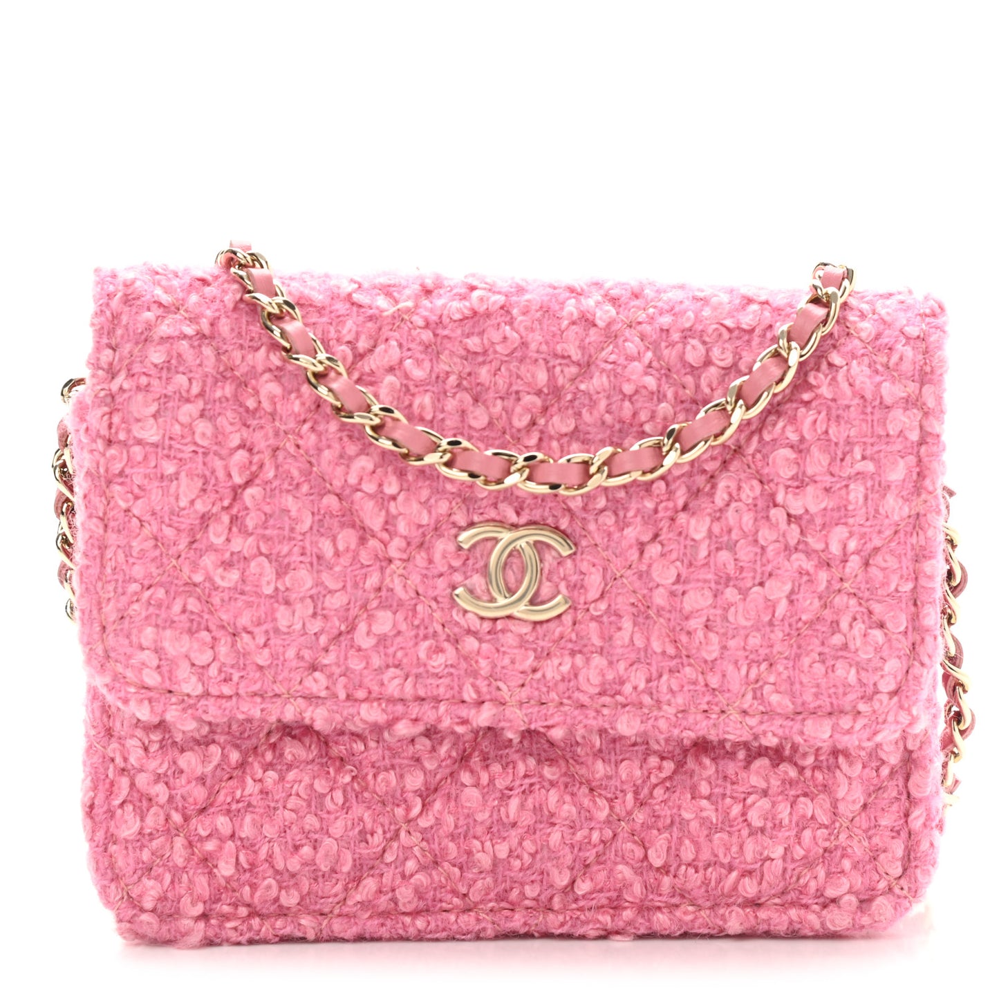 Tweed Quilted Flap Chain Waist Bag Pink