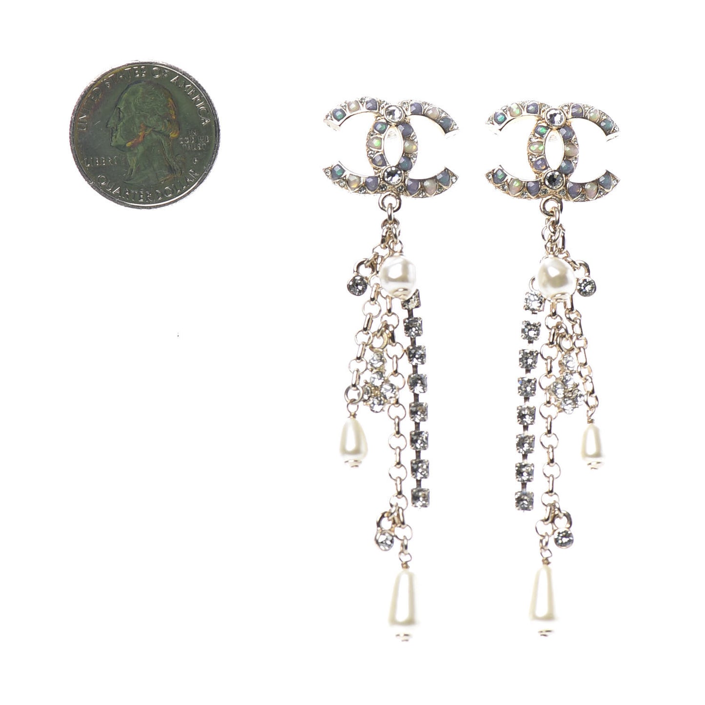 Pearl Crystal Chain CC Dangle Earrings Gold