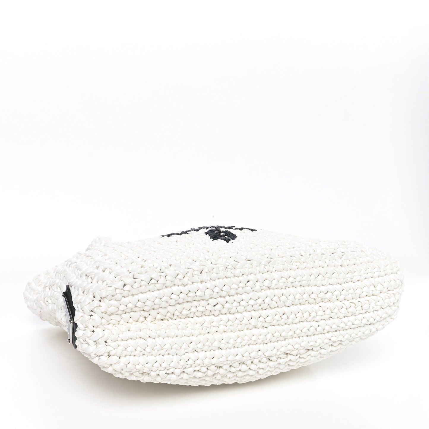 Yarn Raffia Effect Crochet Embroidered Small Logo Tote White