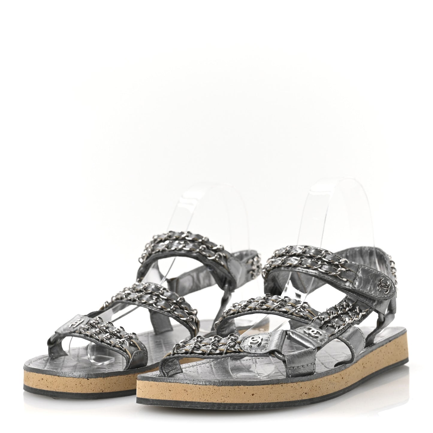 Metallic Laminated Goatskin Chain Flat Sandals 39 Dark Silver