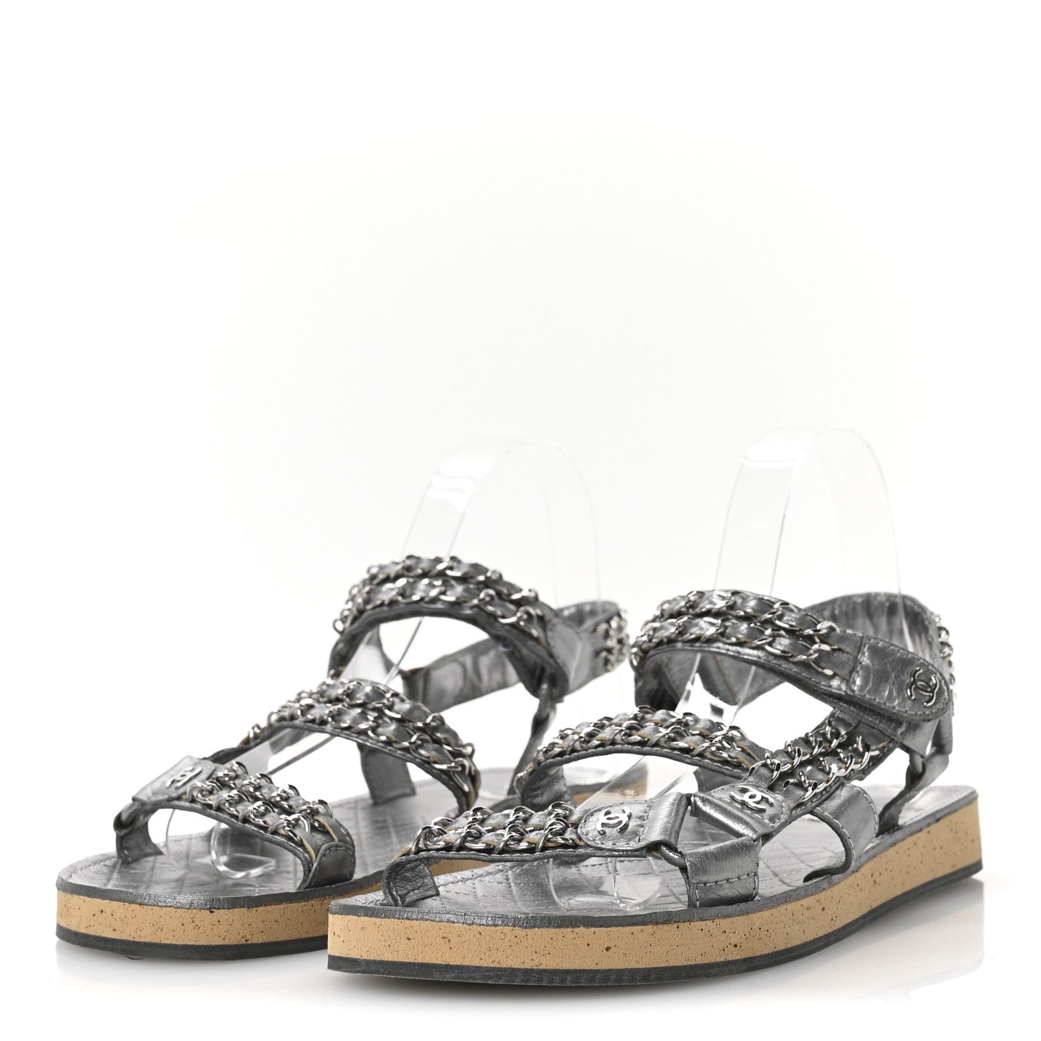 Chanel Metallic Laminated Goatskin Chain Flat Sandals 39 Dark Silver 4 of 8