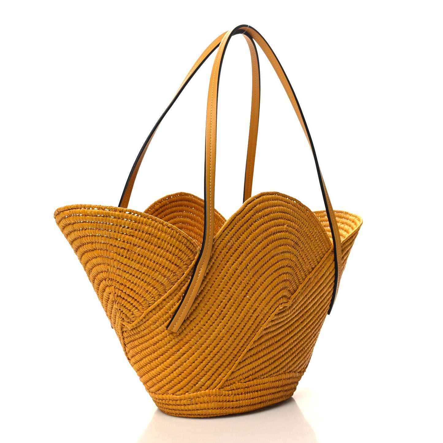 Calfskin Raffia Paulas Ibiza Petal Basket Tote Bag Ochre