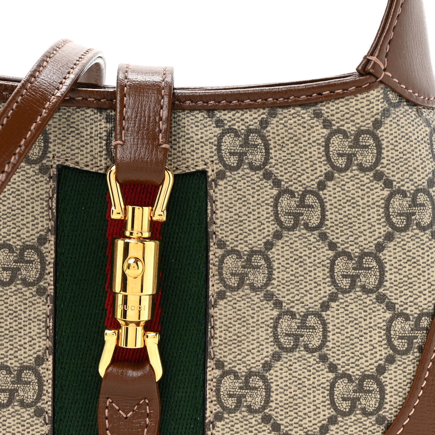 GG Supreme Monogram Azalea Calfskin Web Mini Jackie 1961 Hobo Beige Ebony Brown Sugar