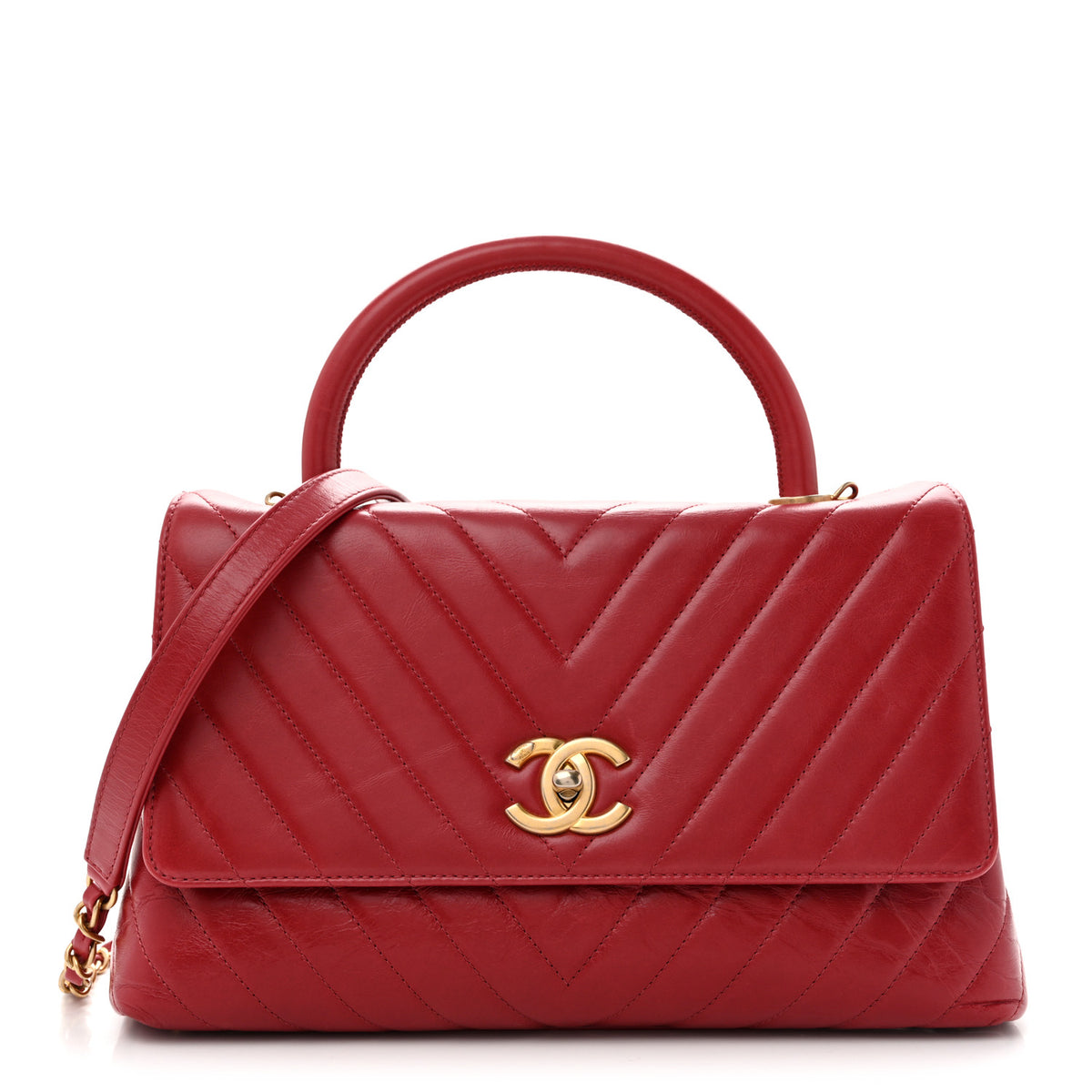 Aged Calfskin Chevron Quilted Small Coco Handle Flap Red