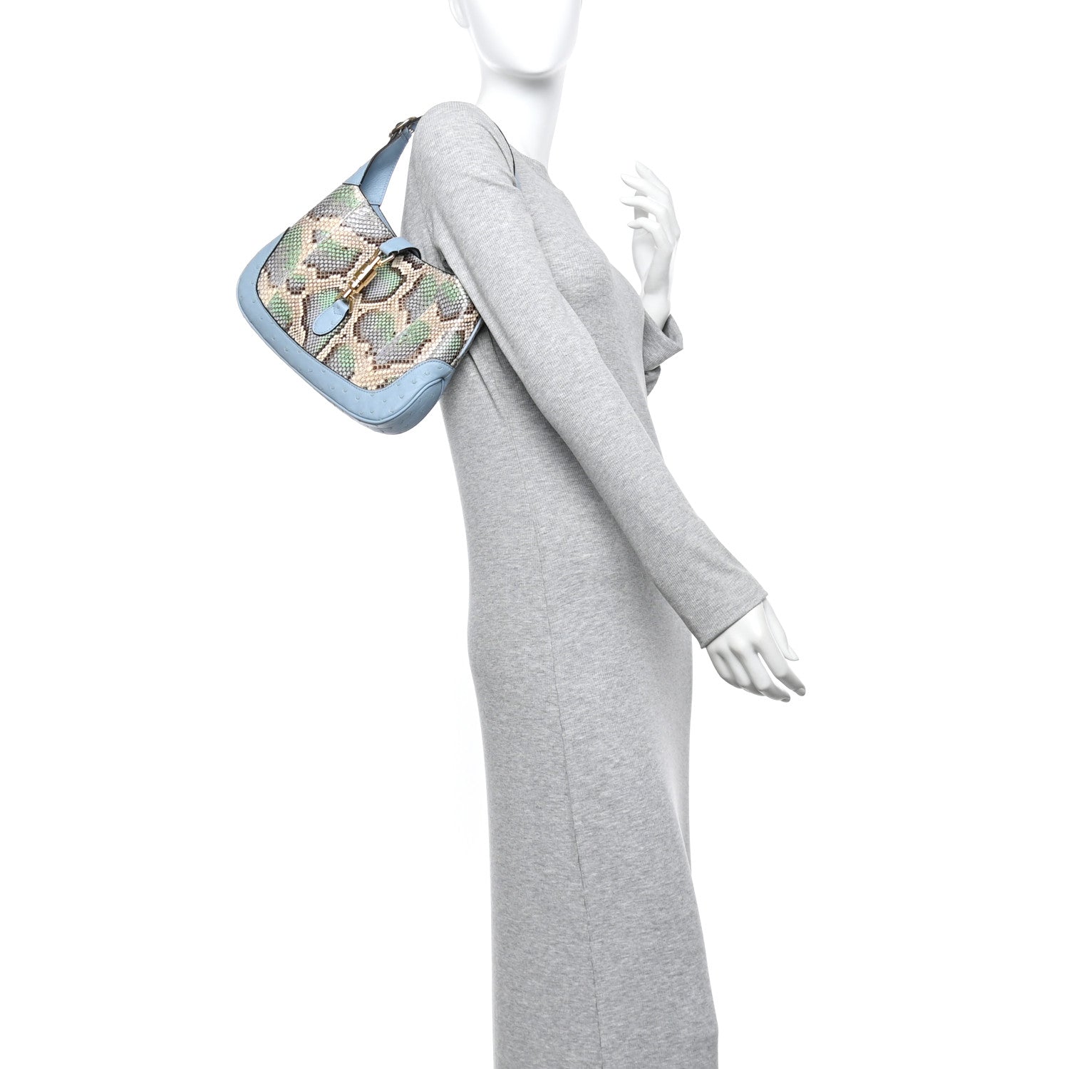 Gucci Snakeskin Ostrich Calfskin Small Jackie 1961 Hobo Blue Multicolor 2 of 10