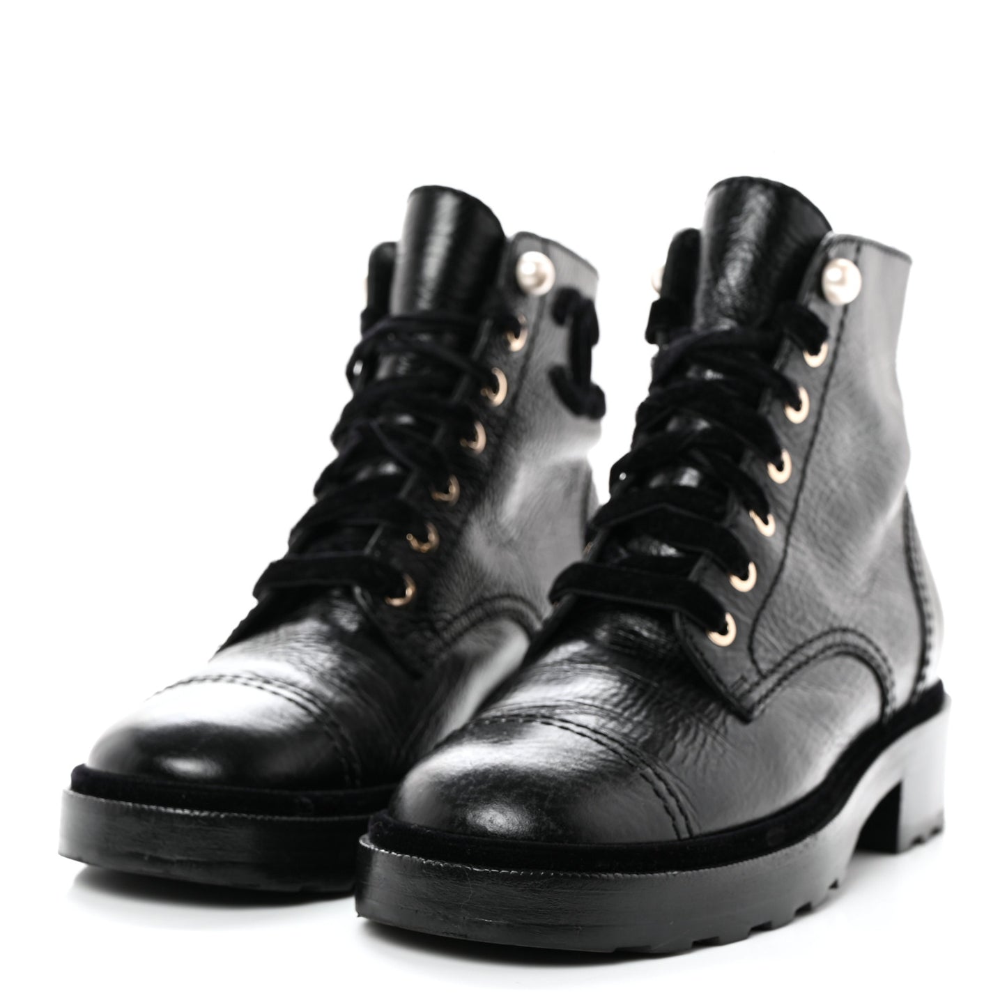 Shiny Calfskin Velvet Pearl Combat Short Boots 36 Black