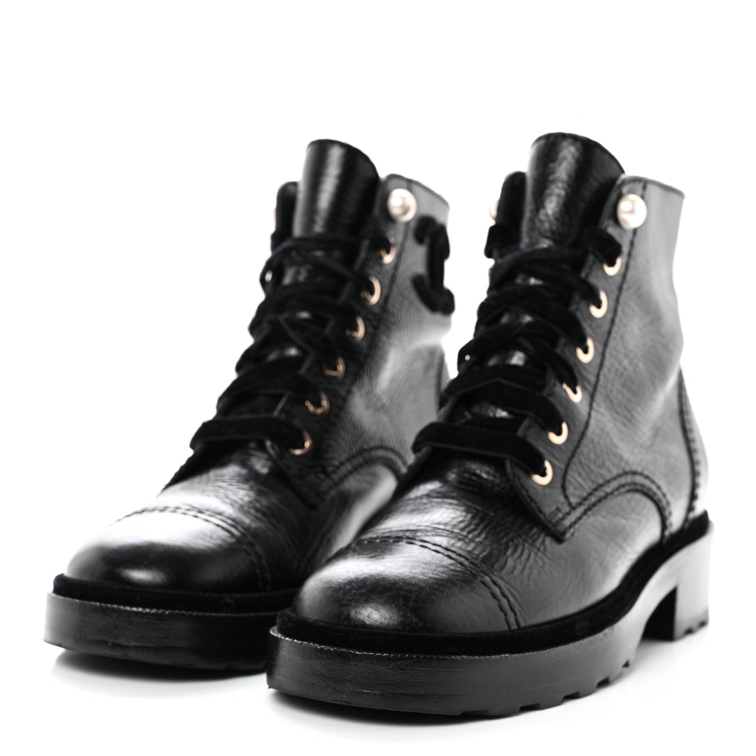 Chanel Shiny Calfskin Velvet Pearl Combat Short Boots 36 Black 3 of 7