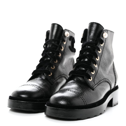 Chanel Shiny Calfskin Velvet Pearl Combat Short Boots 36 Black 3 of 7