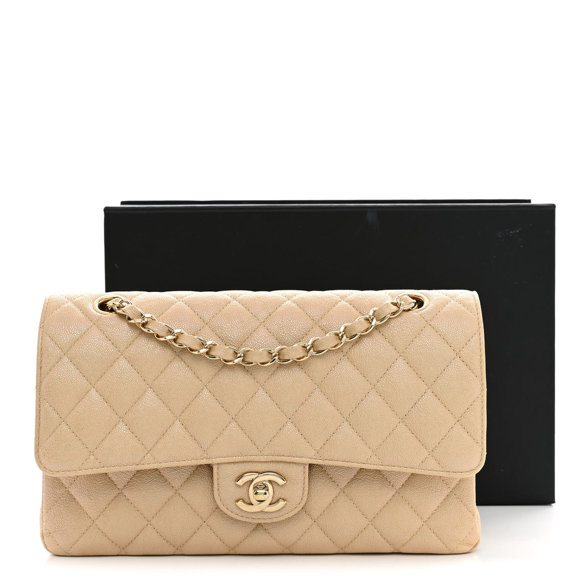 Iridescent Caviar Quilted Medium Double Flap Beige