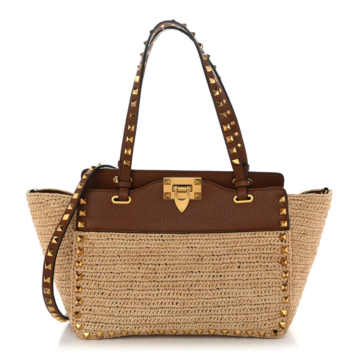 Raffia Calfskin Small Rockstud Tote Naturale Saddle Brown