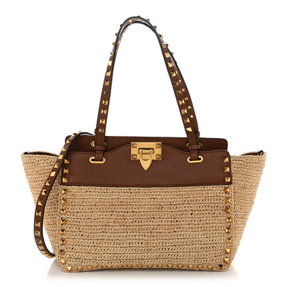 Valentino Garavani Raffia Calfskin Small Rockstud Tote Naturale Saddle Brown 1 of 9