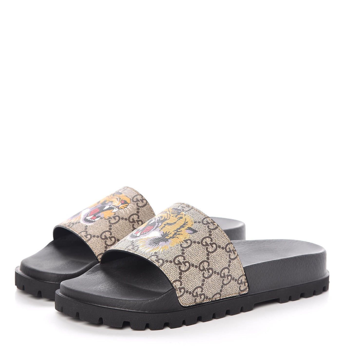 GG Supreme Monogram Tiger Mens Lug Sole Slide Sandals 5 Ebony