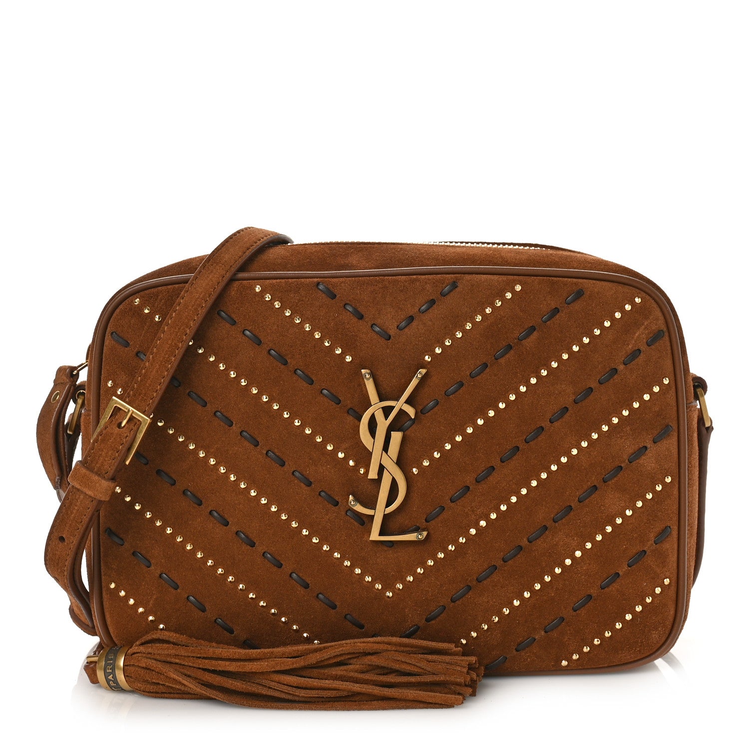 Saint Laurent Suede Studded Woven Monogram Lou Camera Bag Cinnamon 1 of 8