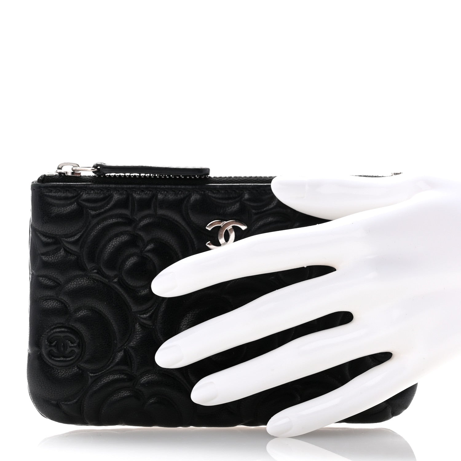 Chanel Goatskin Camellia Embossed Cosmetic Pouch Black 2 of 8