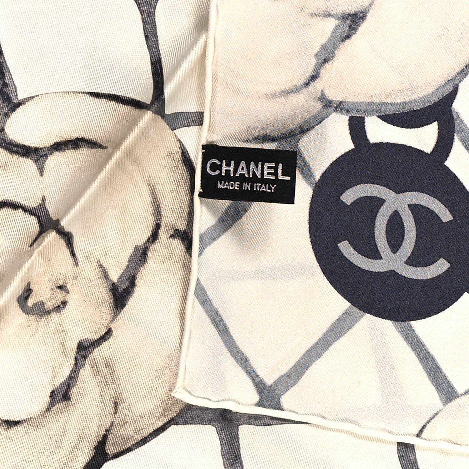 Chanel Silk CC Logo Camellia Scarf White Black 2 of 3