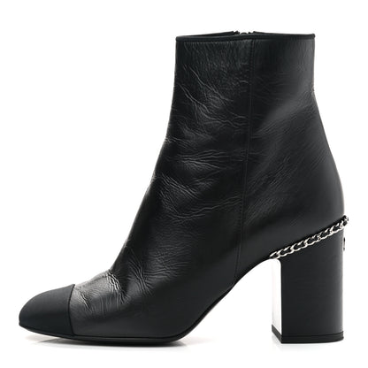 Chanel Crumpled Calfskin Cap Toe Chain Short Boots 37.5 Black 1 of 8