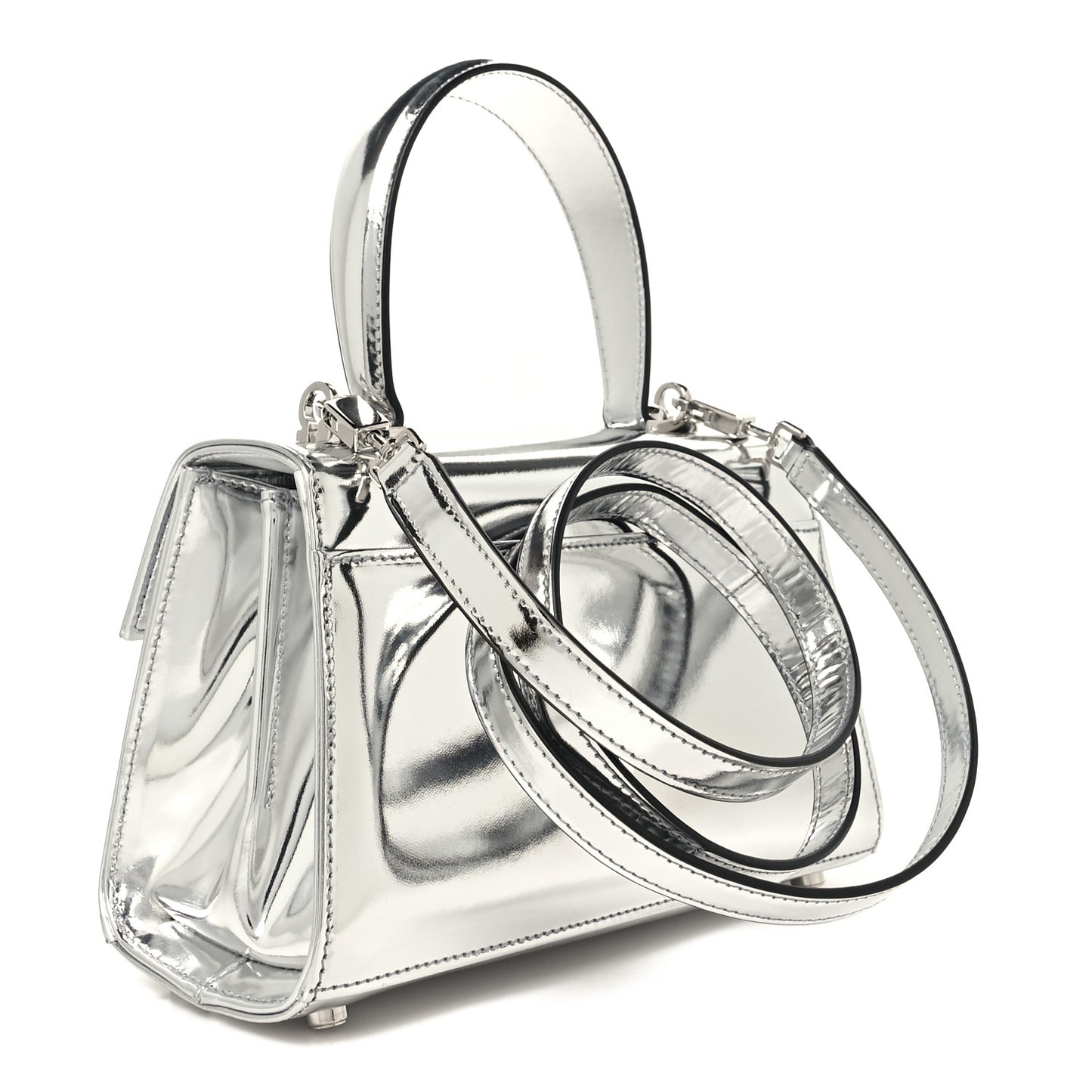 Metallic Calfskin Small Iconic Top Handle Bag Argento