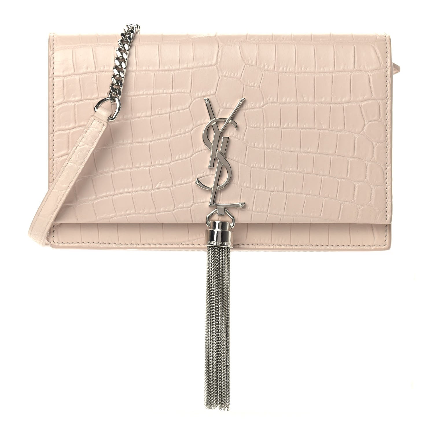 Saint Laurent Calfskin Crocodile Embossed Kate Monogram Tassel Chain Wallet Marble Pink 1 of 15
