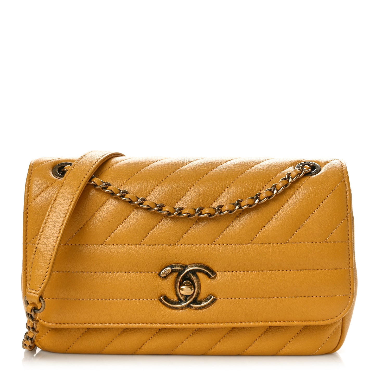 Shiny Goatskin Diagonal Quilted Small Flap Yellow