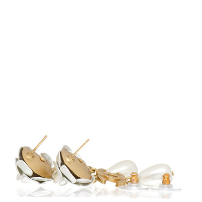 Chanel Metal Crystal Pearl 90s Camellia CC Drop Earrings Gold 3 of 4