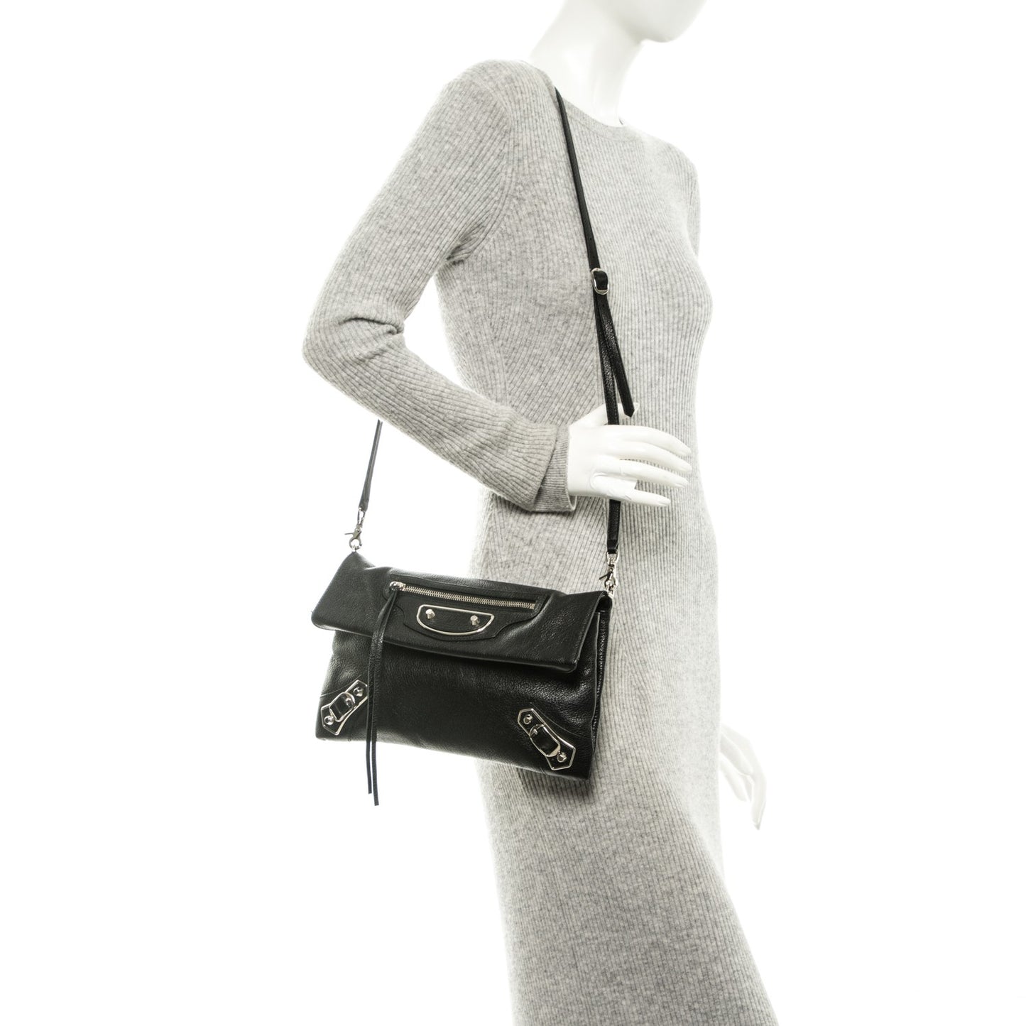 Chevre Silver Metallic Edge Hardware Envelope Clutch Black
