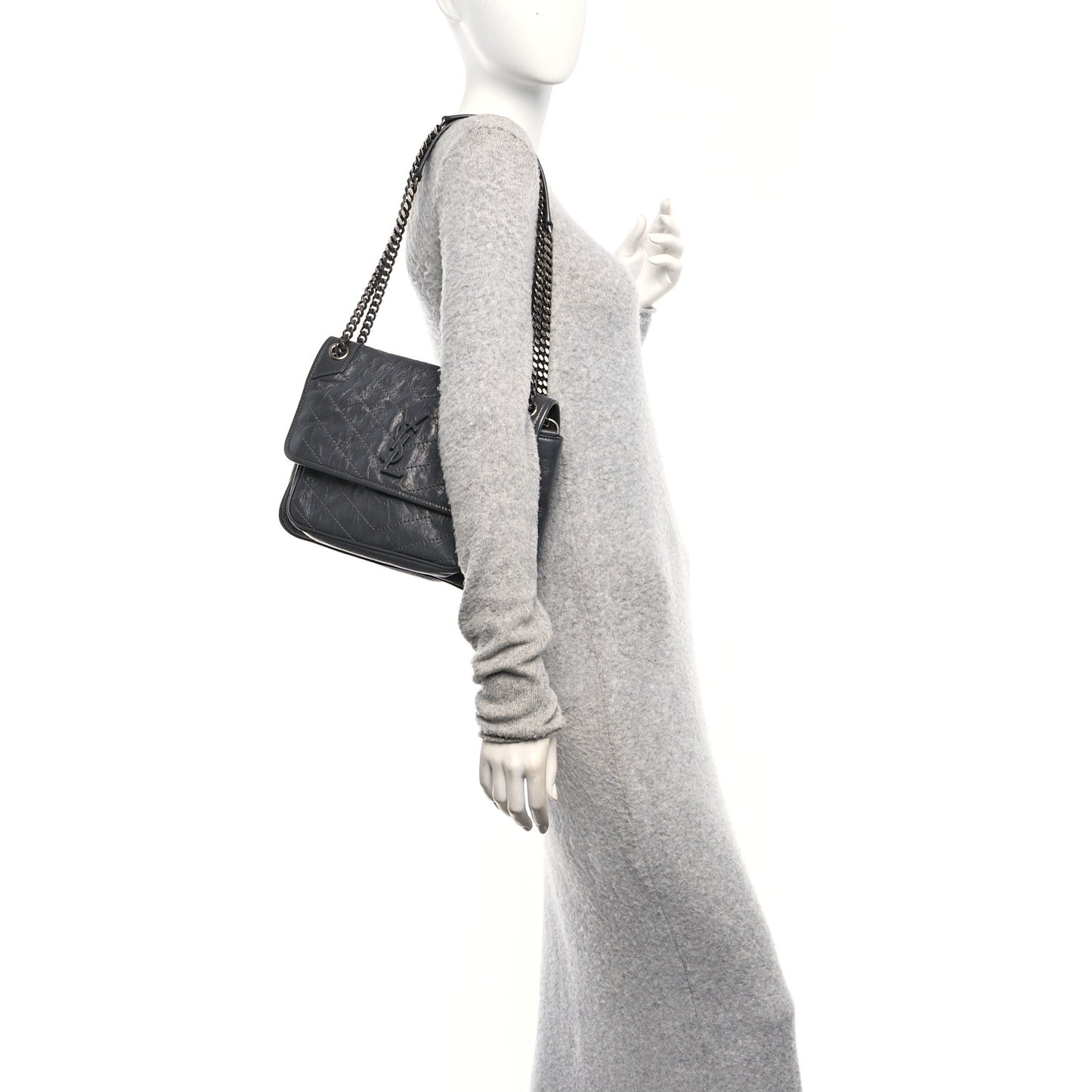 Crinkled Calfskin Matelasse Monogram Medium Niki Chain Satchel Storm