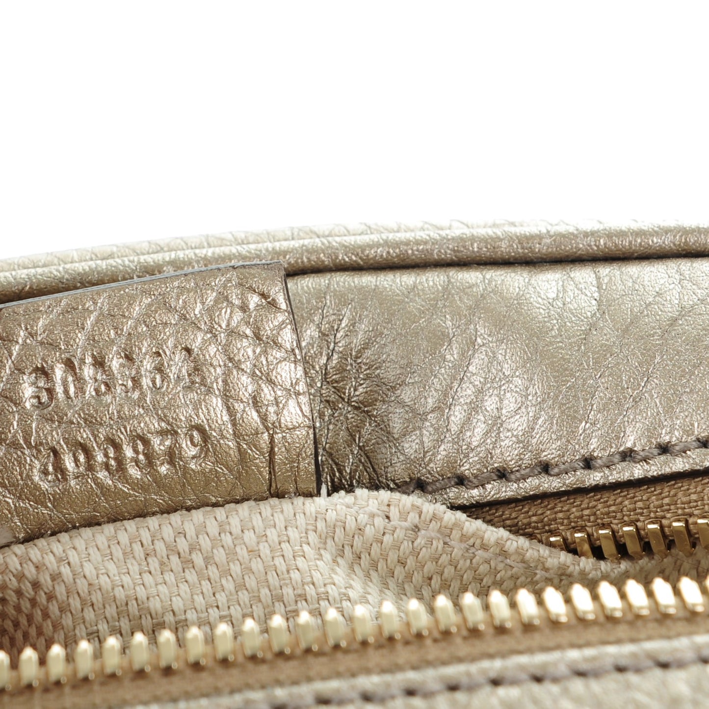 Metallic Pebbled Calfskin Small Soho Disco Bag Golden Beige