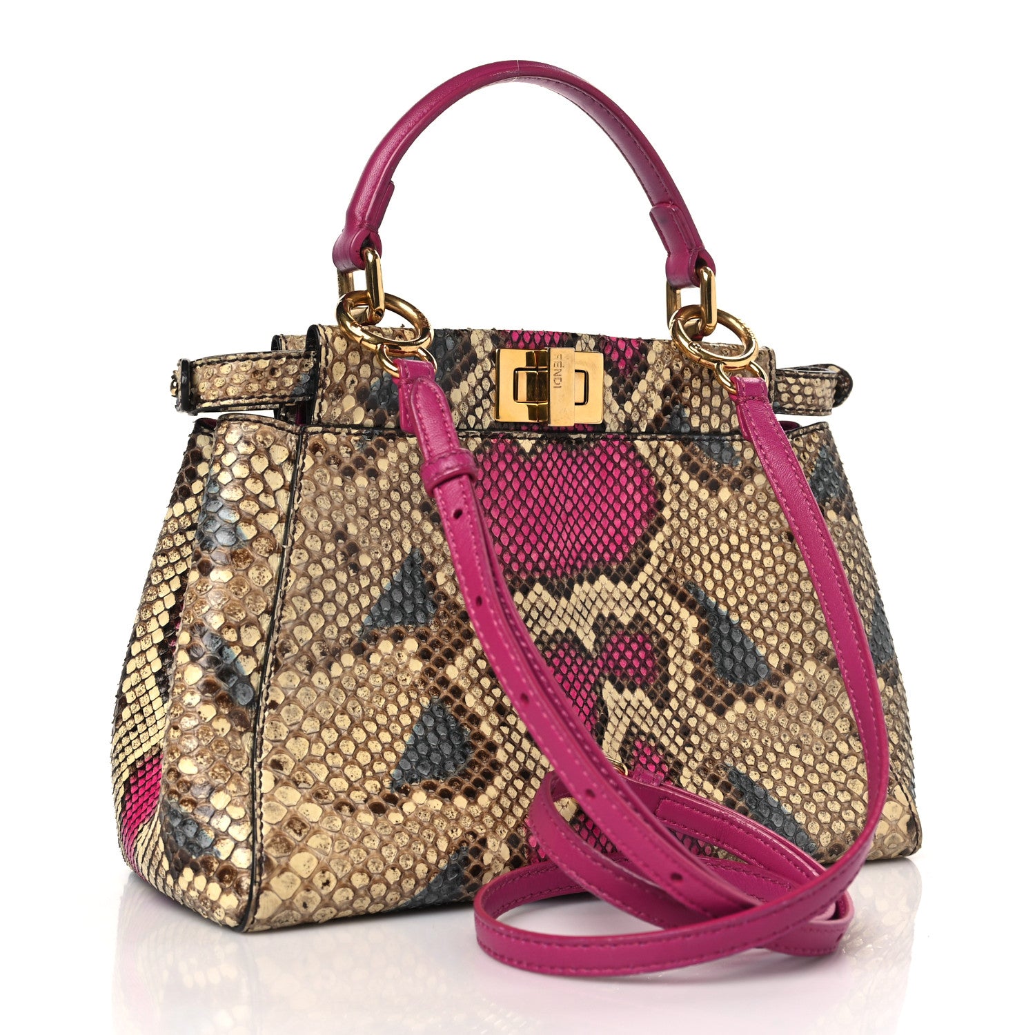 Fendi Snakeskin Mini Peekaboo Iconic Satchel Daisy Roccia Magenta 3 of 9