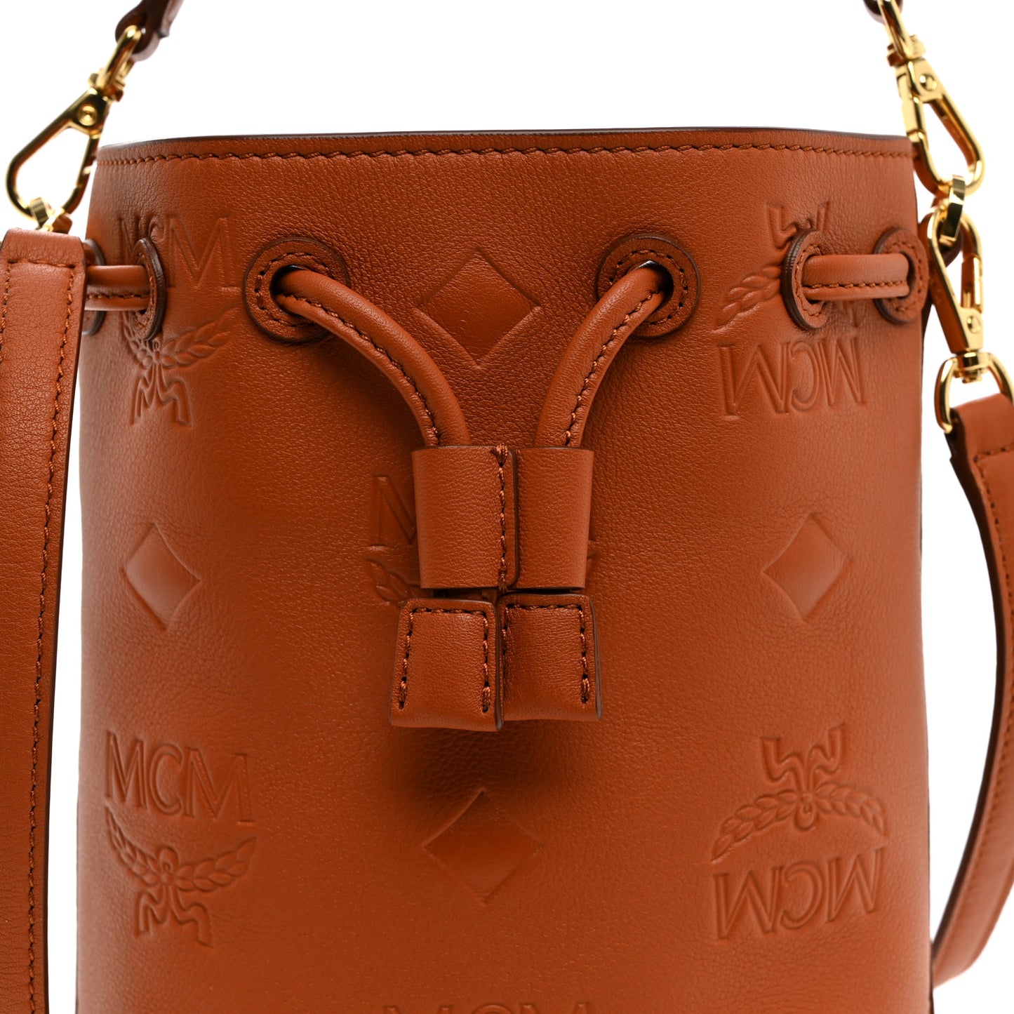 Calfskin Embossed Monogram Mini Dessau Drawstring Bucket Bag Cognac