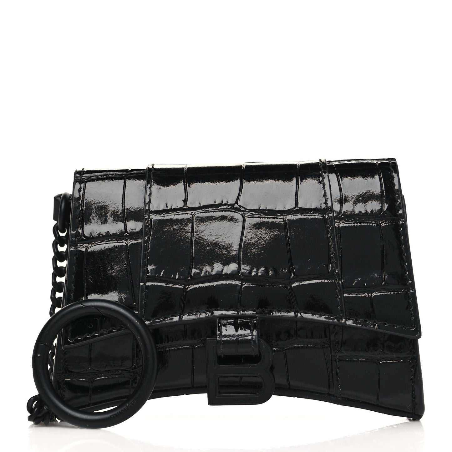 Shiny Calfskin Monochrome Crocodile Embossed Hourglass Chain Cardholder Black