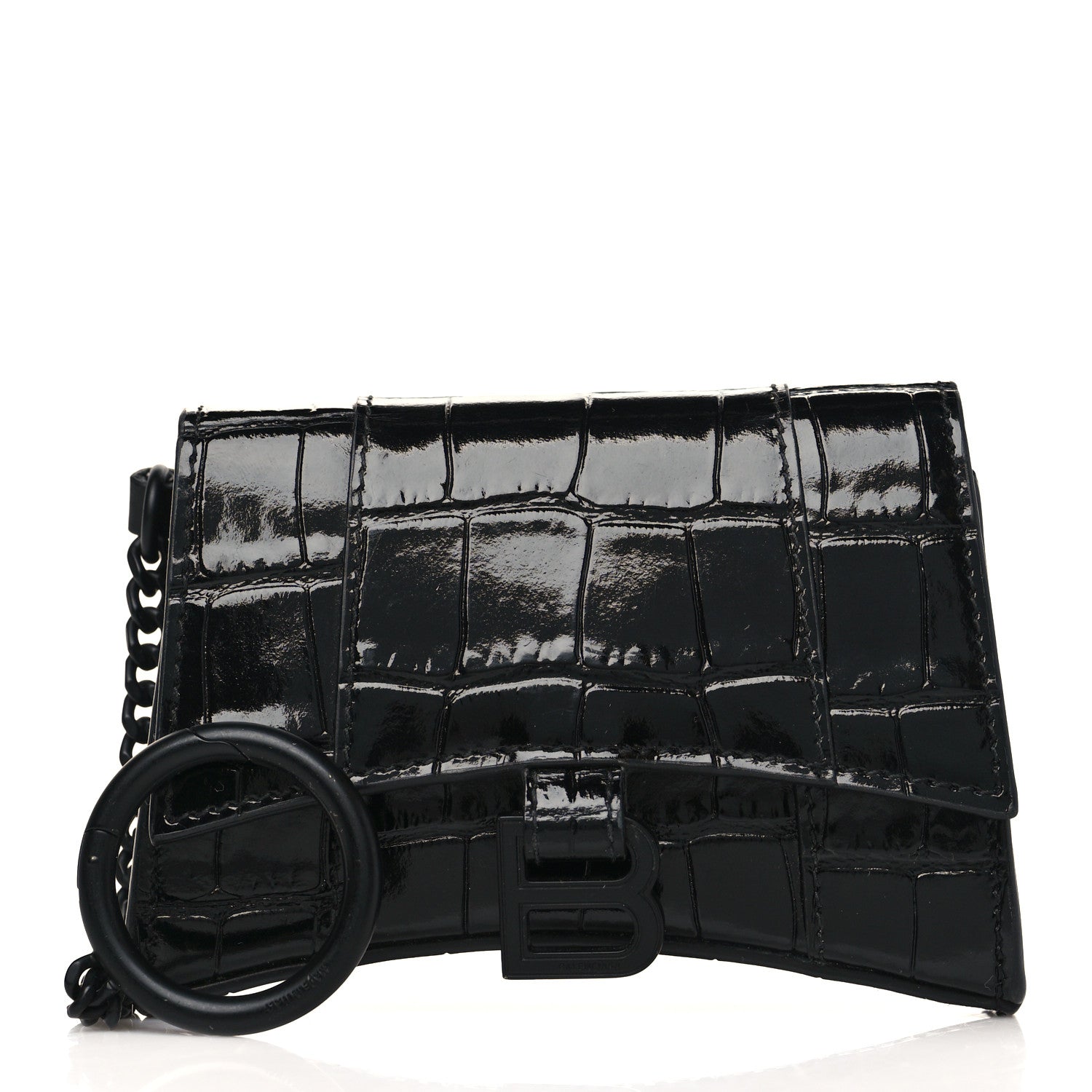 Balenciaga Shiny Calfskin Monochrome Crocodile Embossed Hourglass Chain Cardholder Black 1 of 10