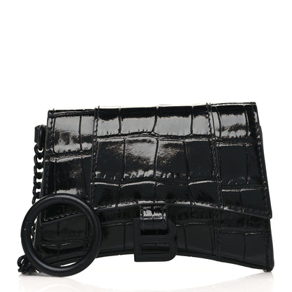 Balenciaga Shiny Calfskin Monochrome Crocodile Embossed Hourglass Chain Cardholder Black 1 of 10