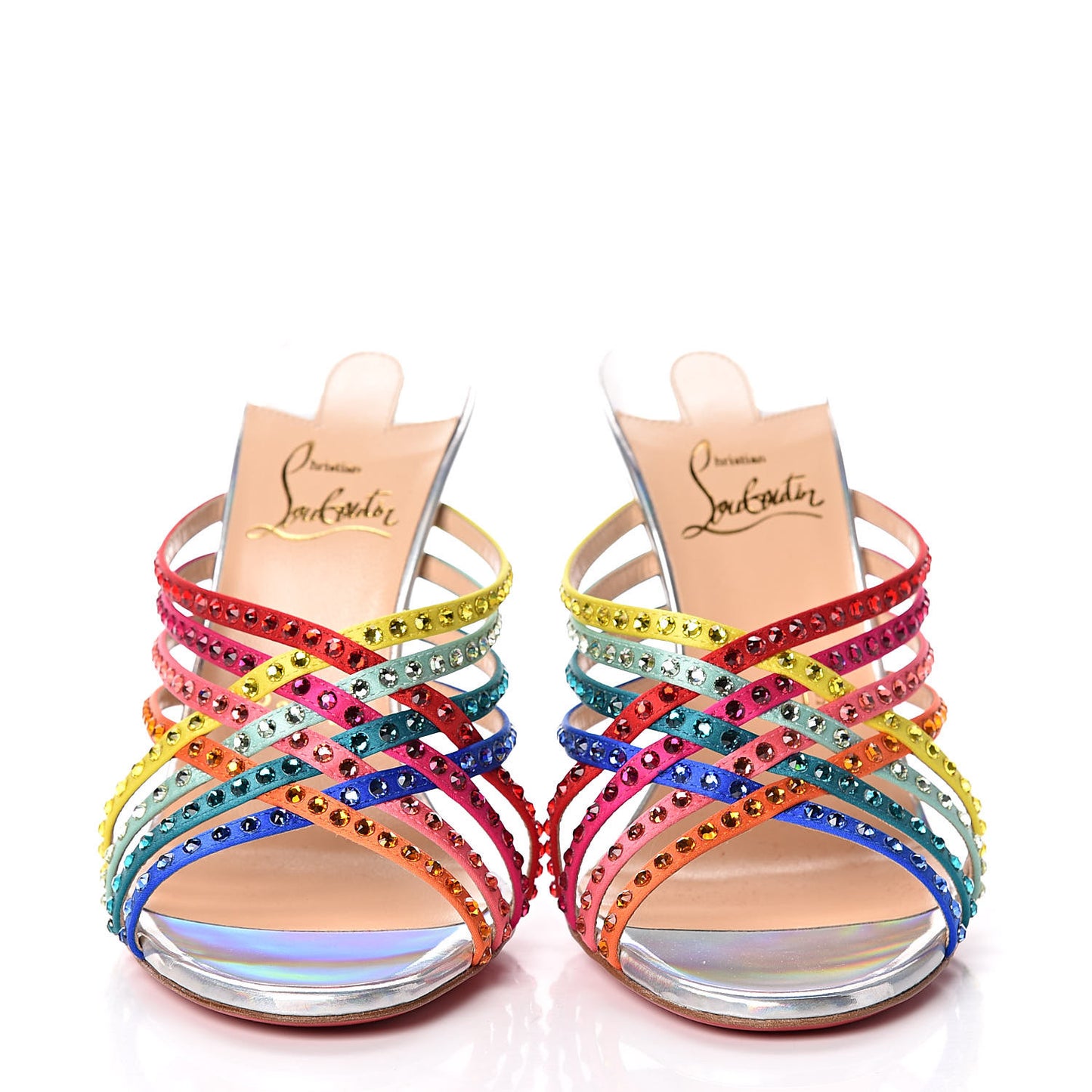 Specchio Calfskin Crystal Marthastrass 100 Slide Sandals 37 Silver Multicolor