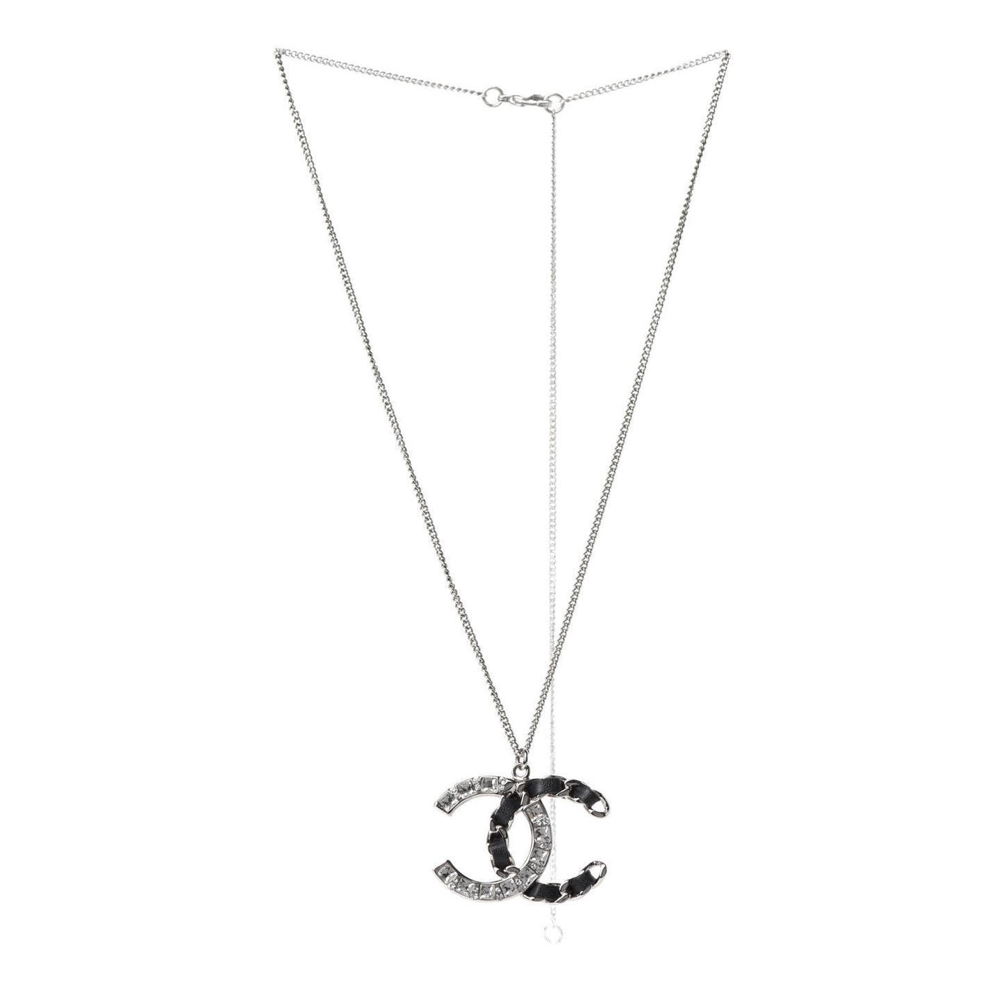 Lambskin Baguette Crystal CC Necklace Black Silver