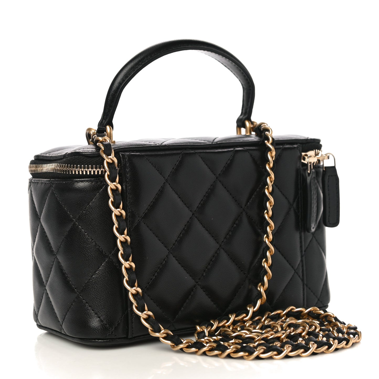 Lambskin Quilted Small Top Handle Vanity Case With Chain Black
