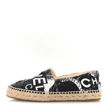 Chanel Printed Canvas Grosgrain 31 Rue Cambon Espadrilles 38 Black White 1 of 8