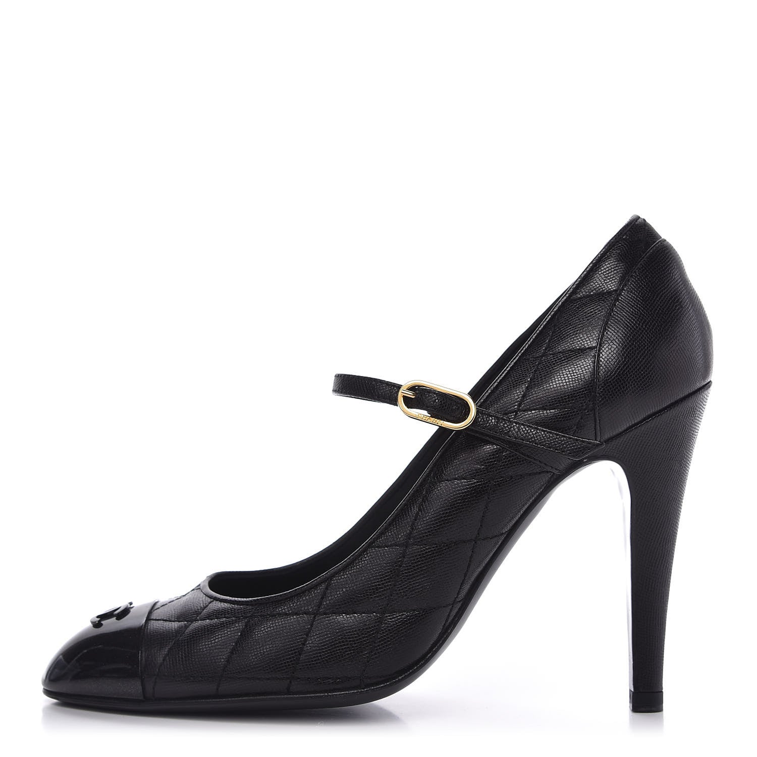 Chanel Grained Calfskin Patent Quilted CC Cap Toe Ankle Strap Pumps 37.5 Black 1 of 9