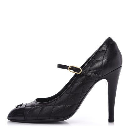 Chanel Grained Calfskin Patent Quilted CC Cap Toe Ankle Strap Pumps 37.5 Black 1 of 9