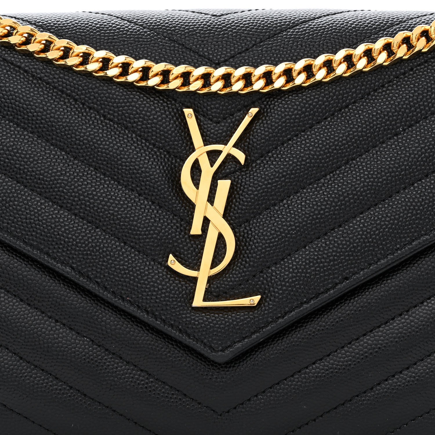 Saint Laurent Grain De Poudre Matelasse Chevron Monogram Chain Wallet Black 7 of 10