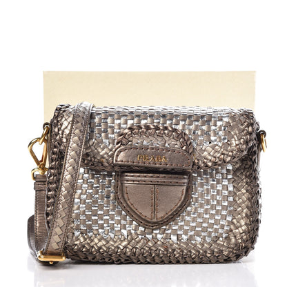 Prada Goatskin Woven Flap Crossbody Bag Argento 8 of 8