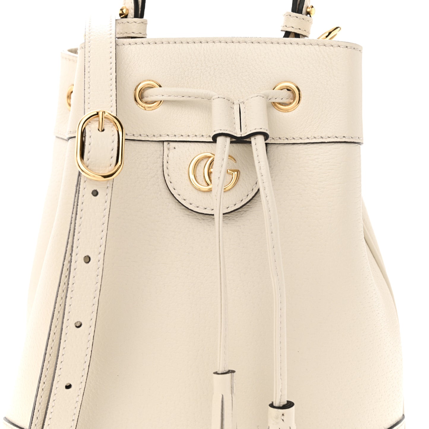 Glazed Textured Calfskin Web Small Ophidia Bucket Bag Mystic White