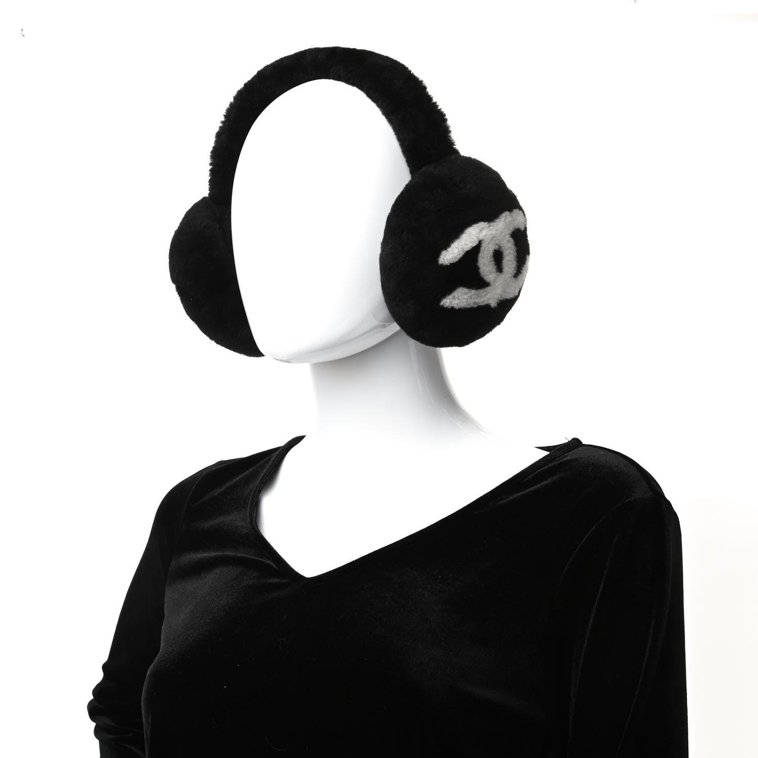 Chanel Shearling CC Ear Muffs Black White 2 of 8
