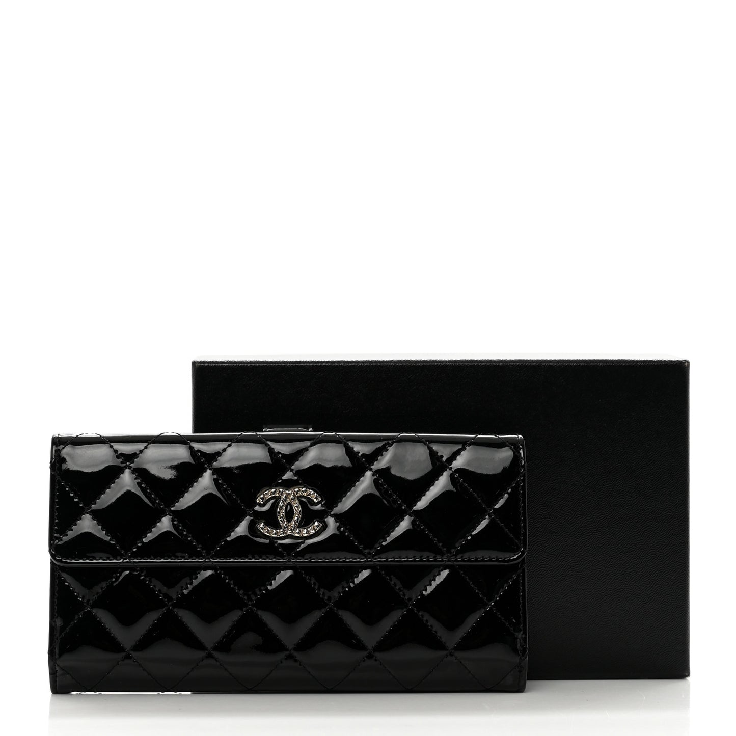 Patent Quilted Large Brilliant Flap Wallet Black