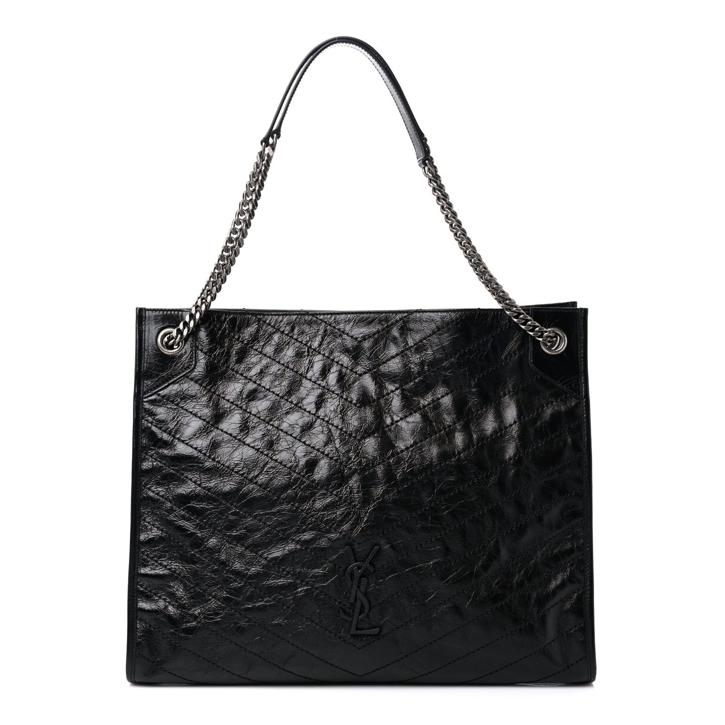 Crinkled Calfskin Matelasse Monogram Large Niki Shopper Tote Black