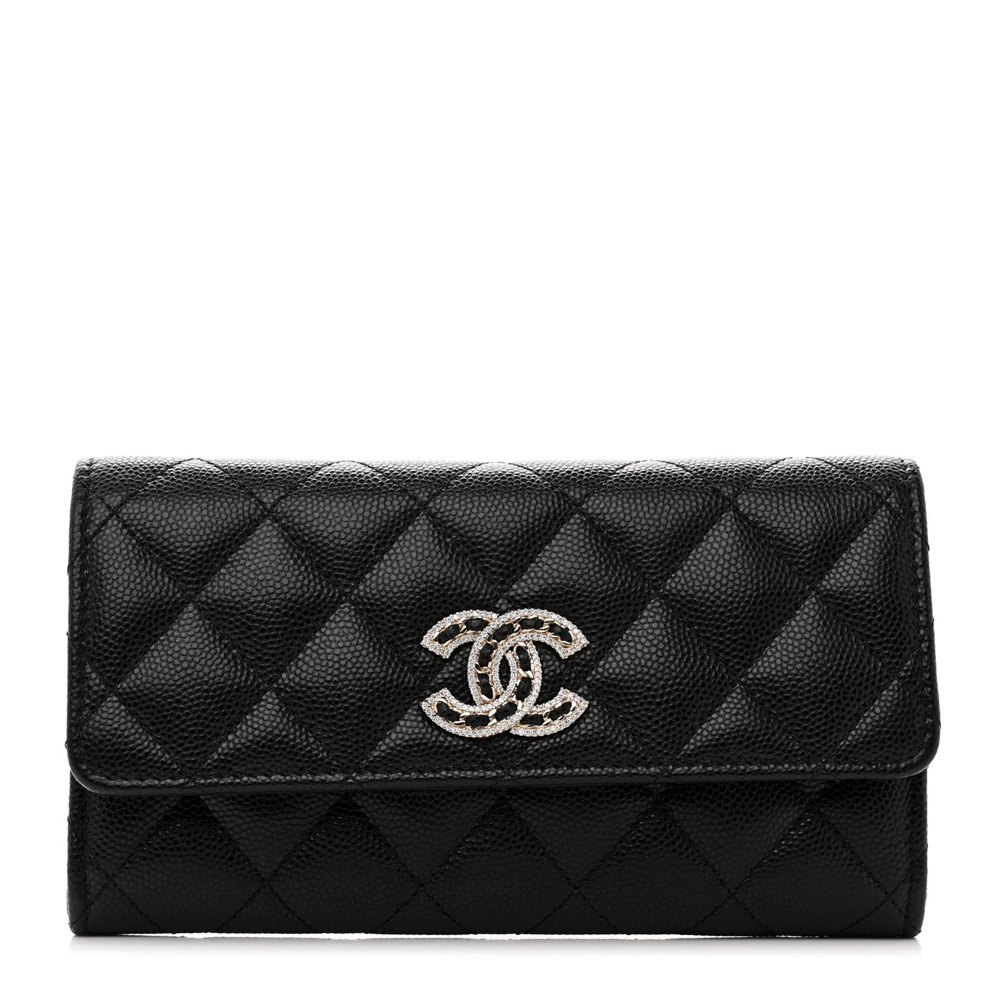 Caviar Quilted Crystal CC Large Gusset Flap Wallet Black