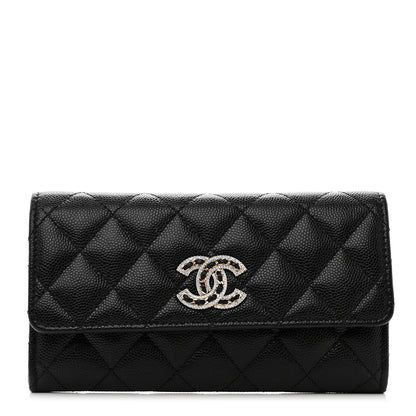 Chanel Caviar Quilted Crystal CC Large Gusset Flap Wallet Black 1 of 9
