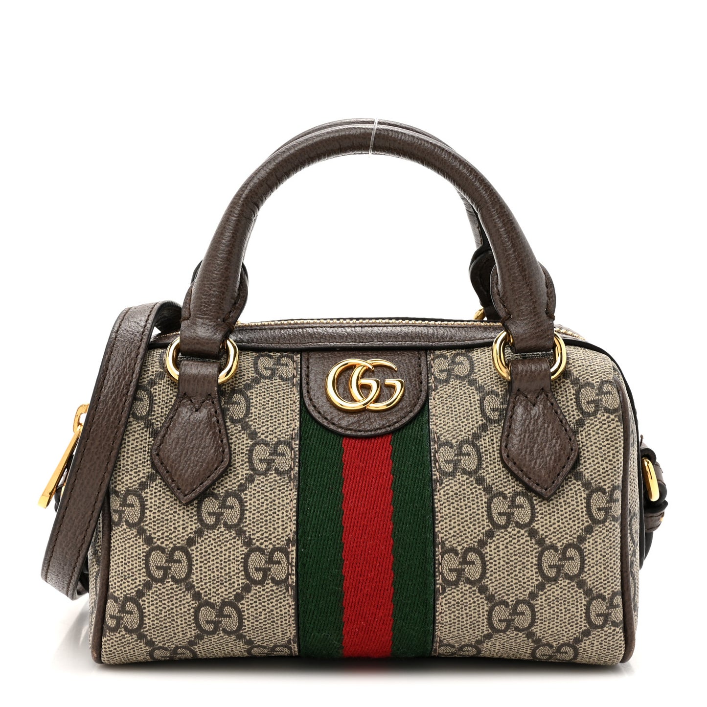 GG Supreme Monogram Textured Dollar Calfskin Web Super Mini Ophidia Top Handle Bowler Bag Beige Ebony New Acero