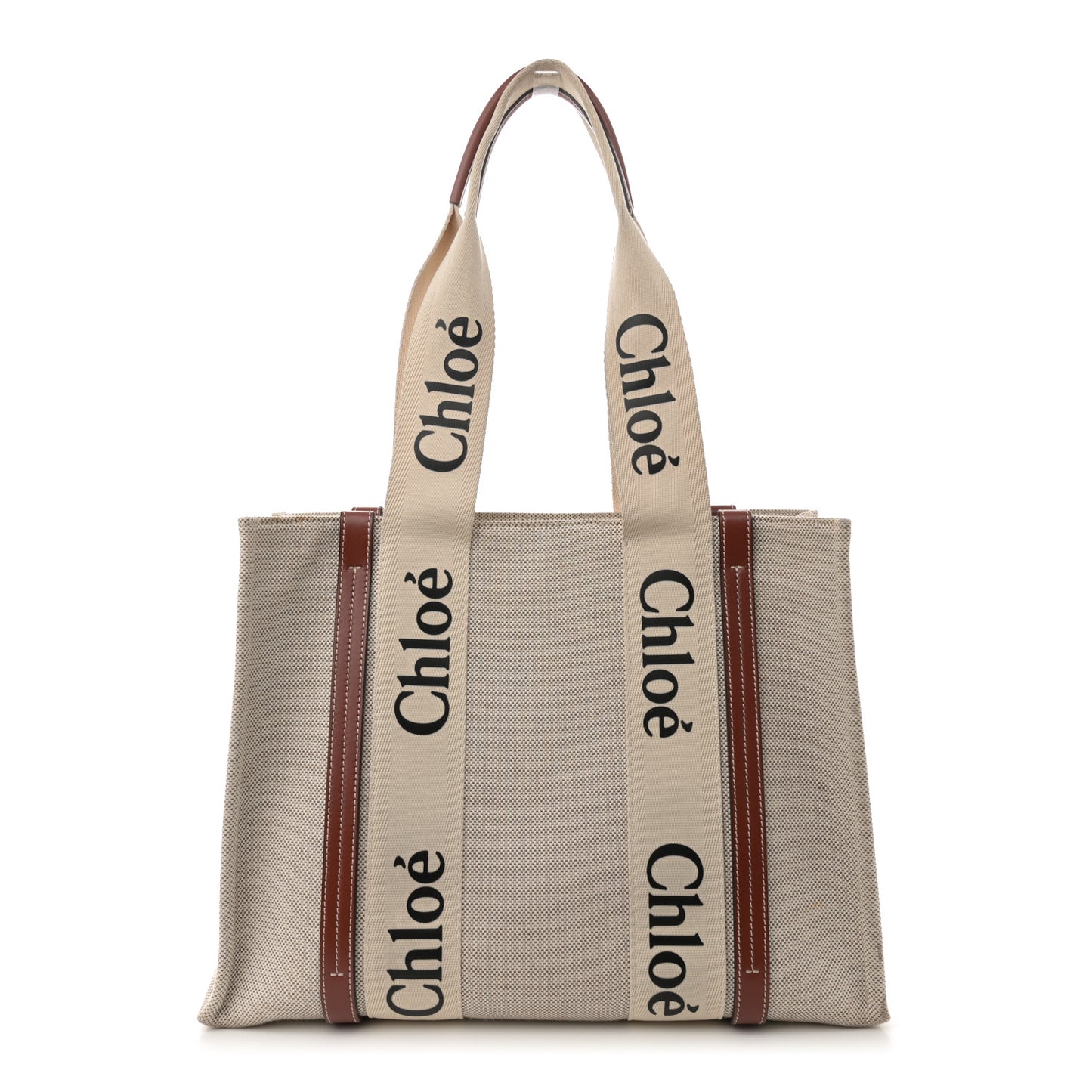 Linen Calfskin Medium Woody Ribbon Tote White Brown