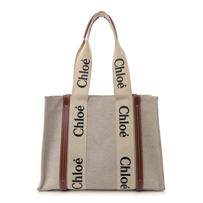 Chloe Linen Calfskin Medium Woody Ribbon Tote White Brown 1 of 12
